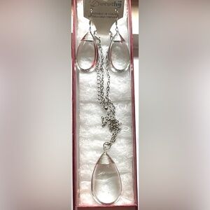New Silver Wire Wrapped Clear Glass Teardrop Pendant Necklace & Earrings Set